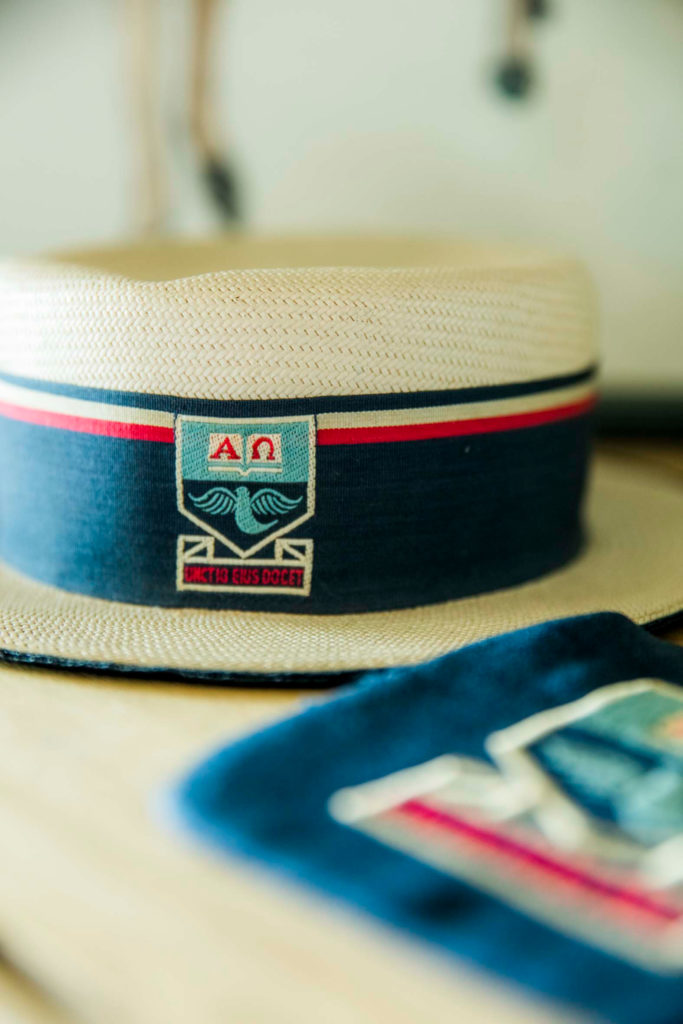 A close up of a vintage Luther College hat